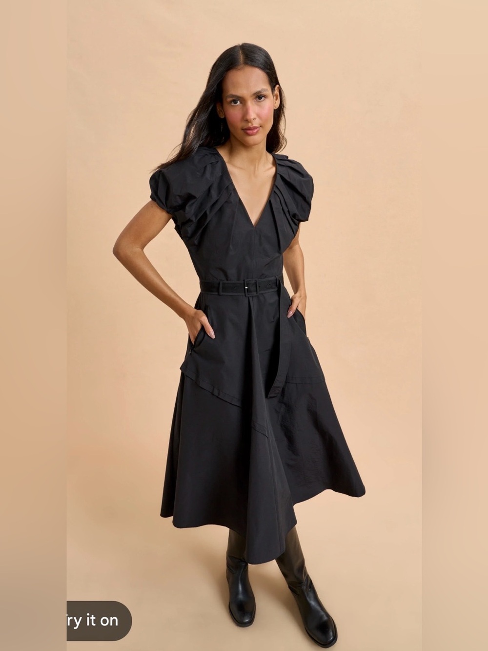 La Ligne Black Avalon Puff Sleeve Belted Midi Dress Size 2 / XS